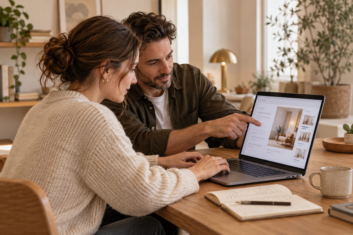 Illustration of two professionals working together on a laptop in a guided Vibe Coding Session